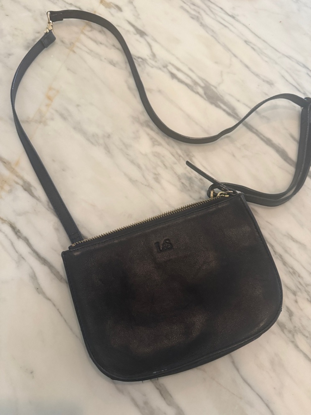 LS Black Leather Crossbody Bag with Gold-Tone Zipper